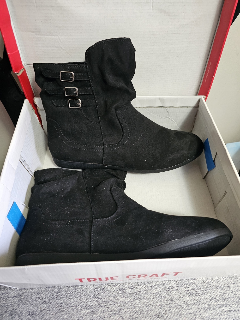 True Craft Black Suede-Look Ankle Booties with Triple Buckles